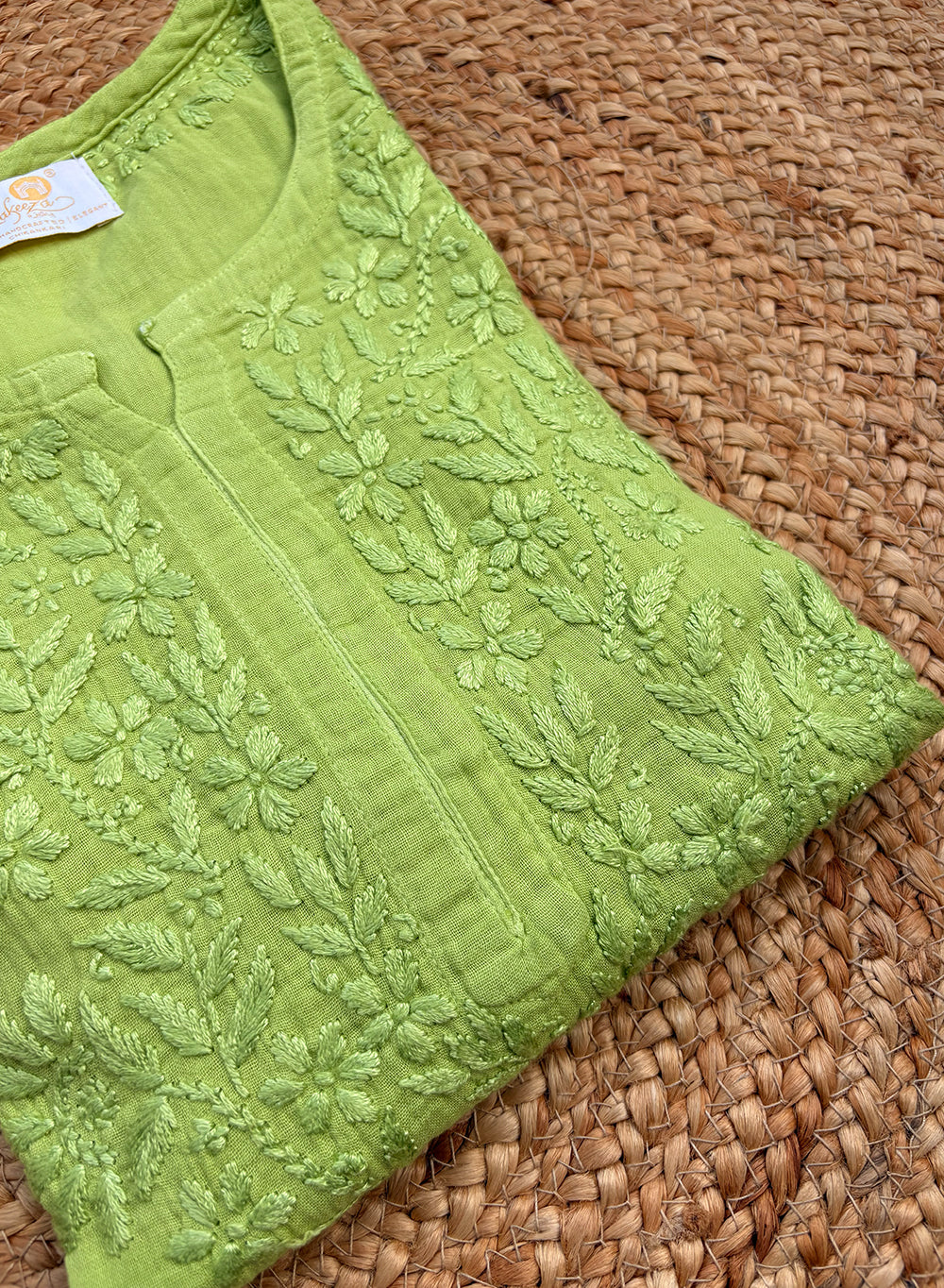 Parrot Green - Gulshan Linen Cotton Double Layered Chikankari Short Top