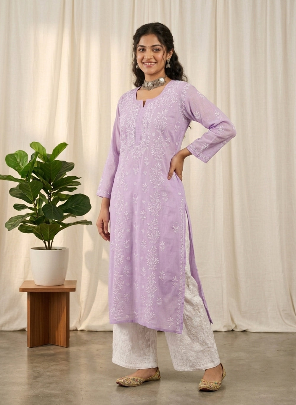 Lilac - Mul Chanderi Bahaar Chikankari Kurta With Slip & Jaali Work