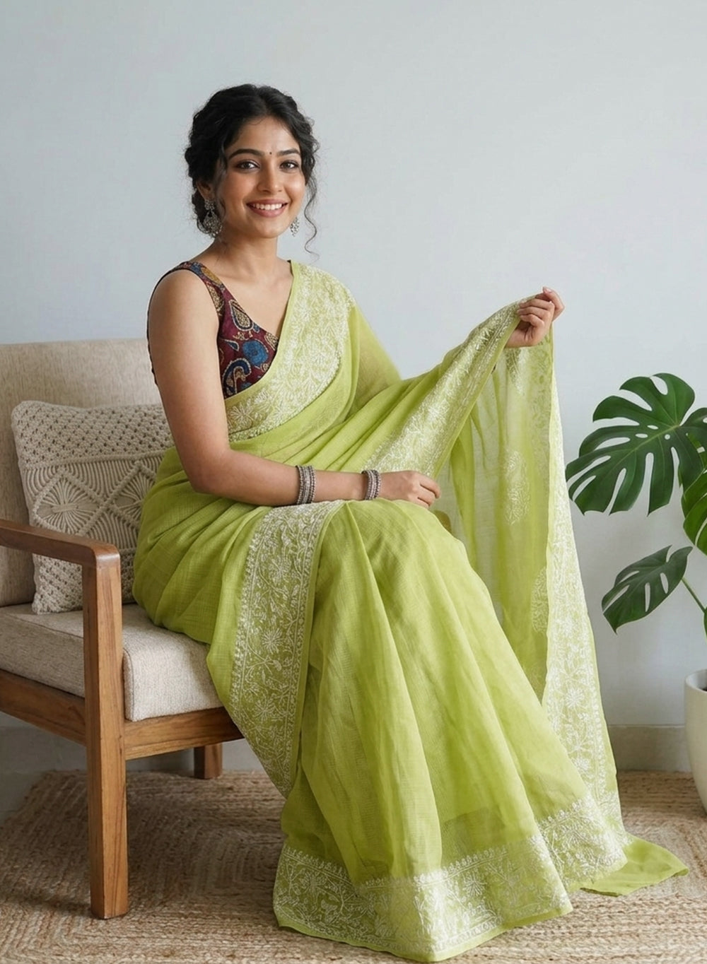 Aparajita Olive Green - Aks Kota Cotton Chikankari Saree