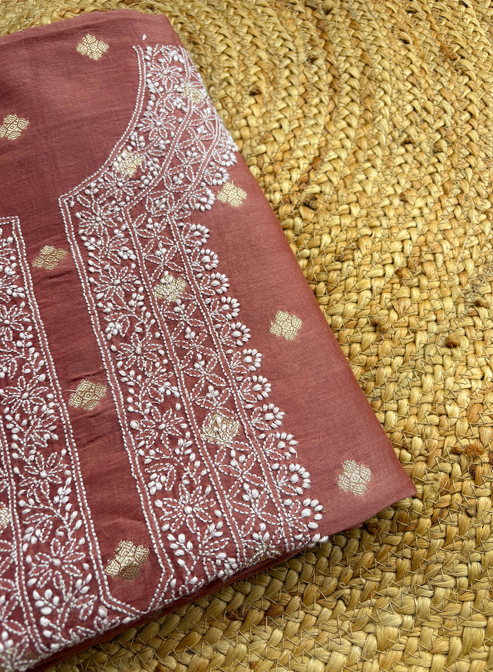 Rust Orange Unisex - Dhoop Kinaray Chanderi Chikankari Kurta Fabric With Golden Butti