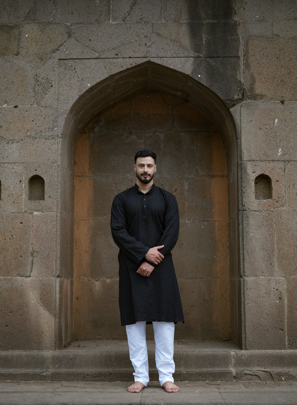 Black - Nawab Checkered Front Jaal Cotton Chikankari Kurta