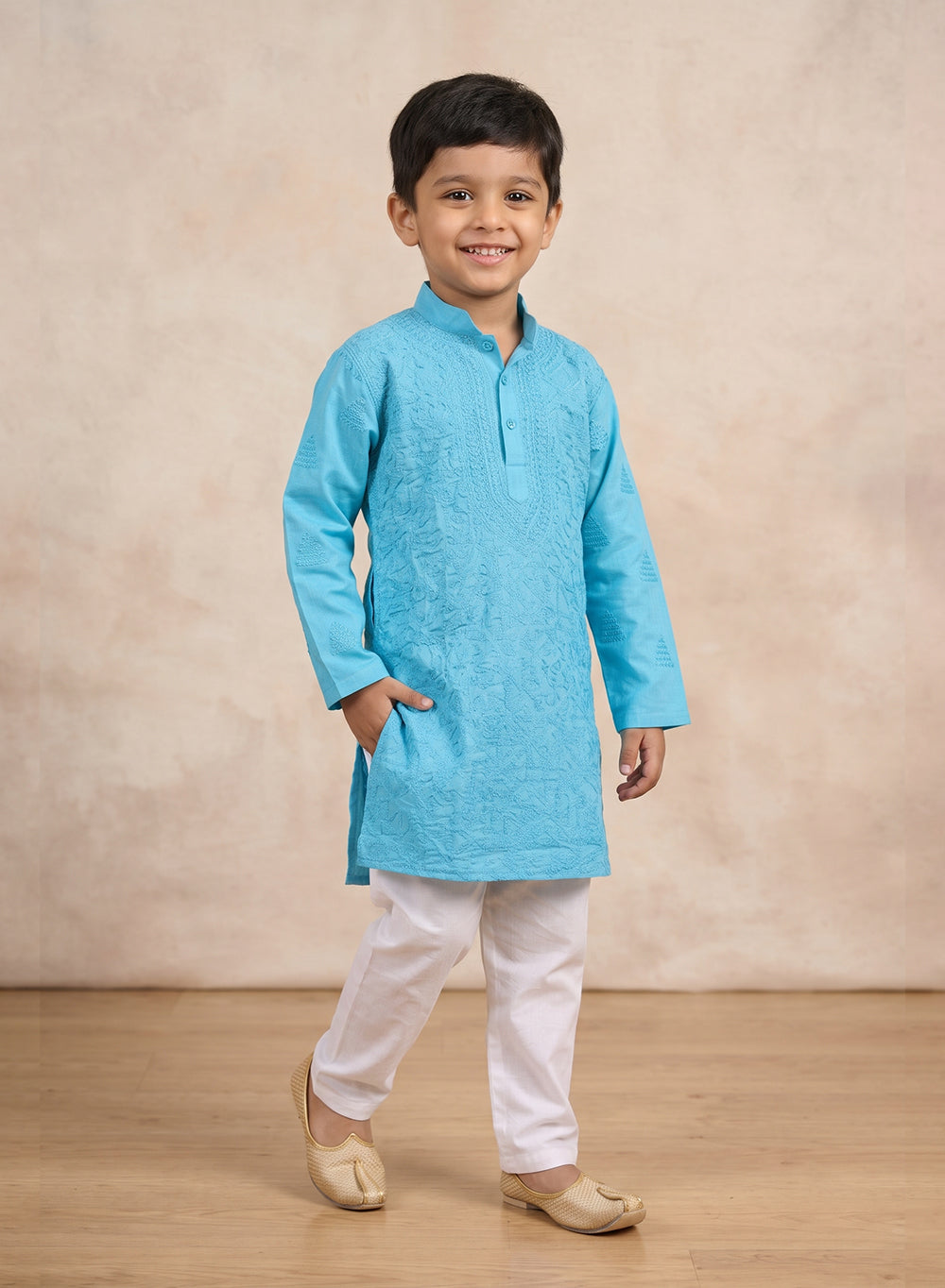 Blue Front Jaal - Cotton Chikankari Kurta With Pajama