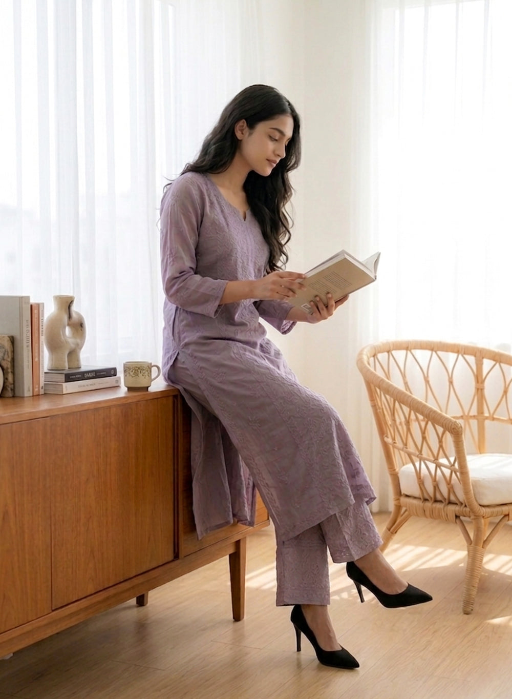 Saanjh Dark Purple - Nargis Muslin Chikankari Kurta & Palazzo Set