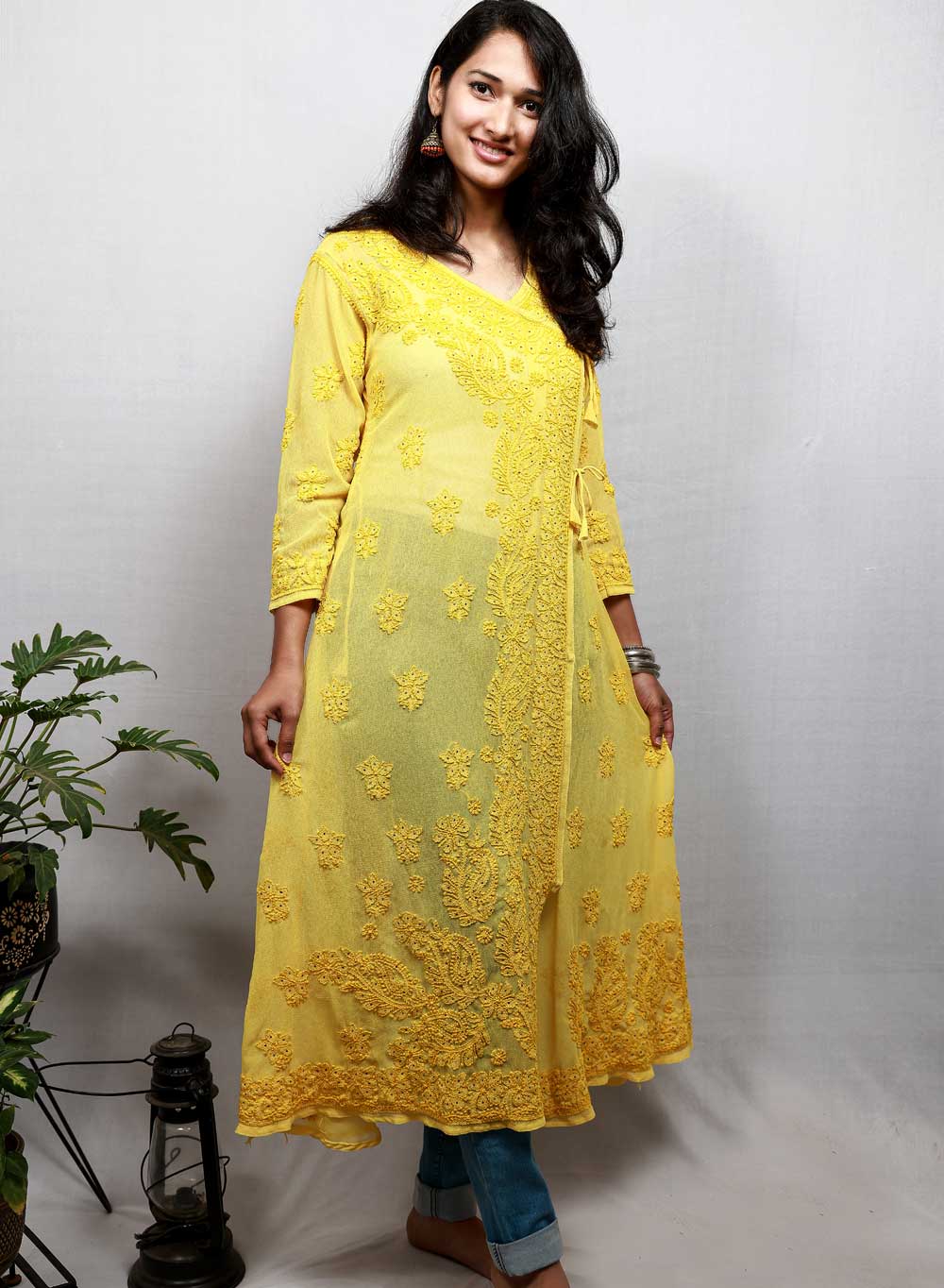 Yellow Mukaish - Anjuman Georgette Chikankari Angarakha