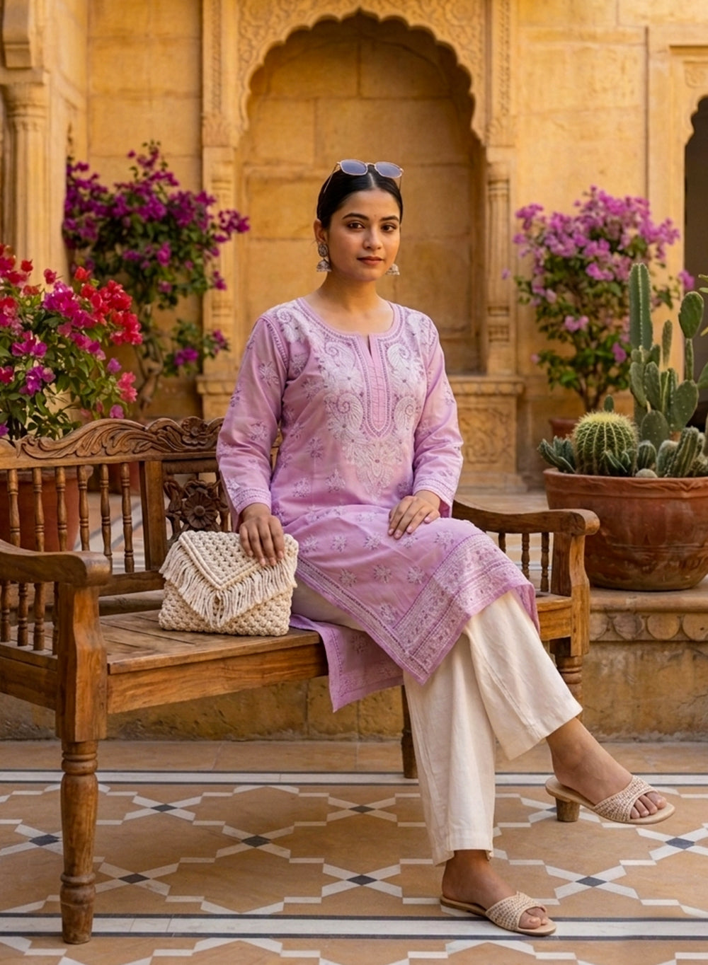 Lavender With Green Thread Work - Bahaar Cotton Terry Voile Chikankari Kurta