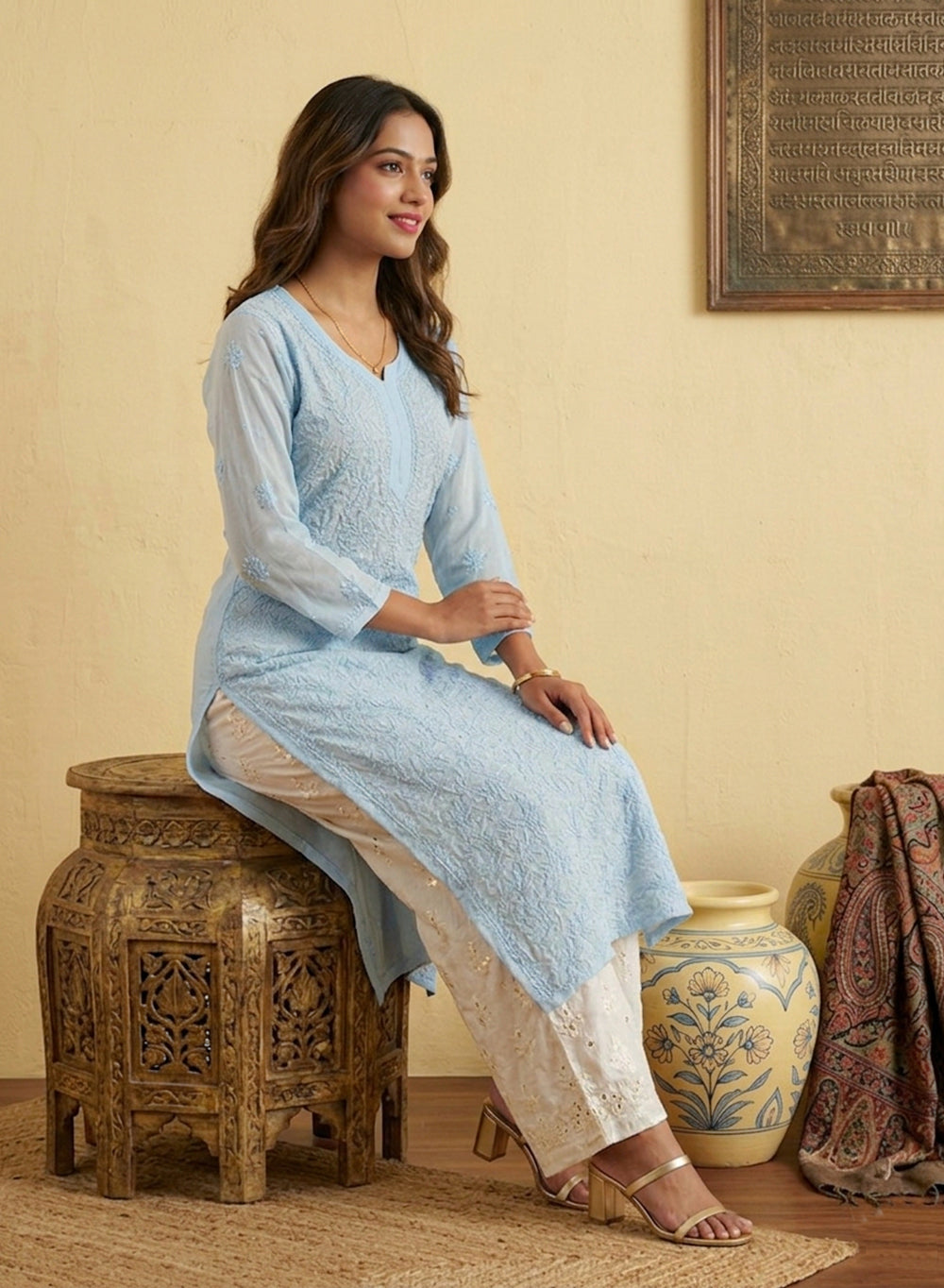 Powder Blue - Anjuman Premium Viscose Chikankari Kurta With Katdana & Sequin