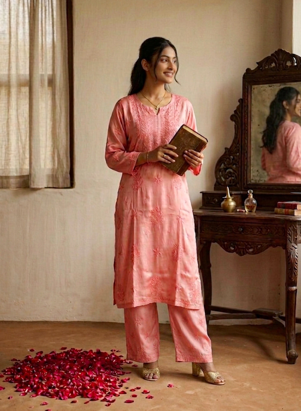 Seher Peach - Nargis Satin Chikankari Kurta & Palazzo Set