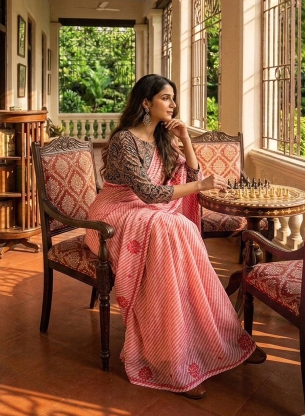 Peach Pink Lehariya - Kota Aks Cotton Chikankari Saree