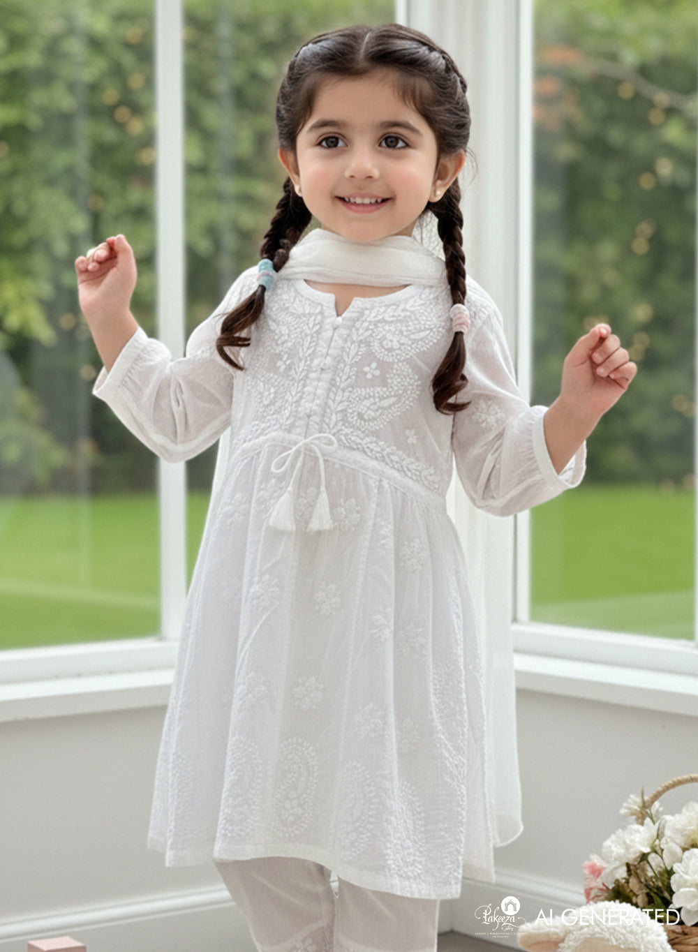 White - Cotton Chikankari Kidswear Set