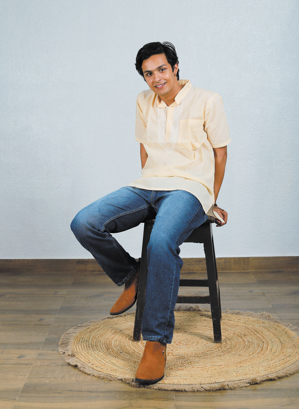 Faiz Beige - Cotton Chikankari Short Kurta