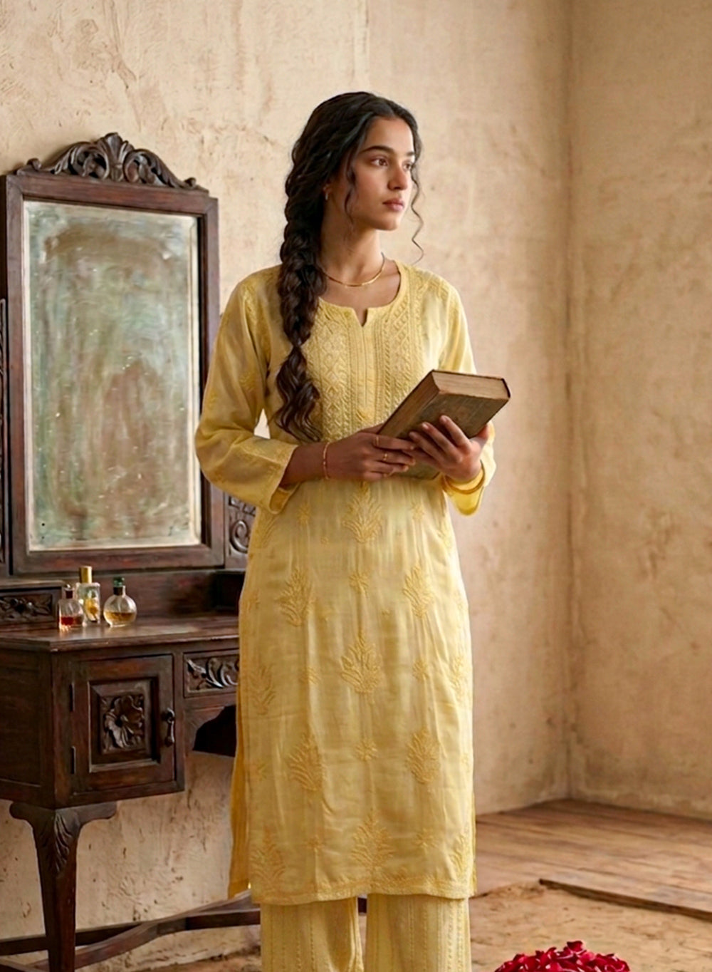 Seher Yellow - Nargis Satin Chikankari Kurta & Palazzo Set