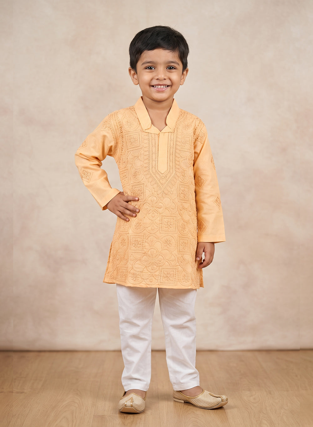 Biscuit Front Jaal - Cotton Chikankari Kurta With Pajama