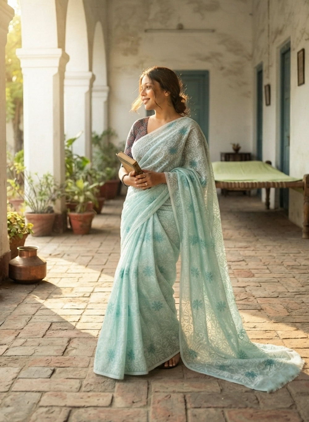 Guncha Turquoise - Dual Thread Aks Cotton Tepchi Chikankari Saree