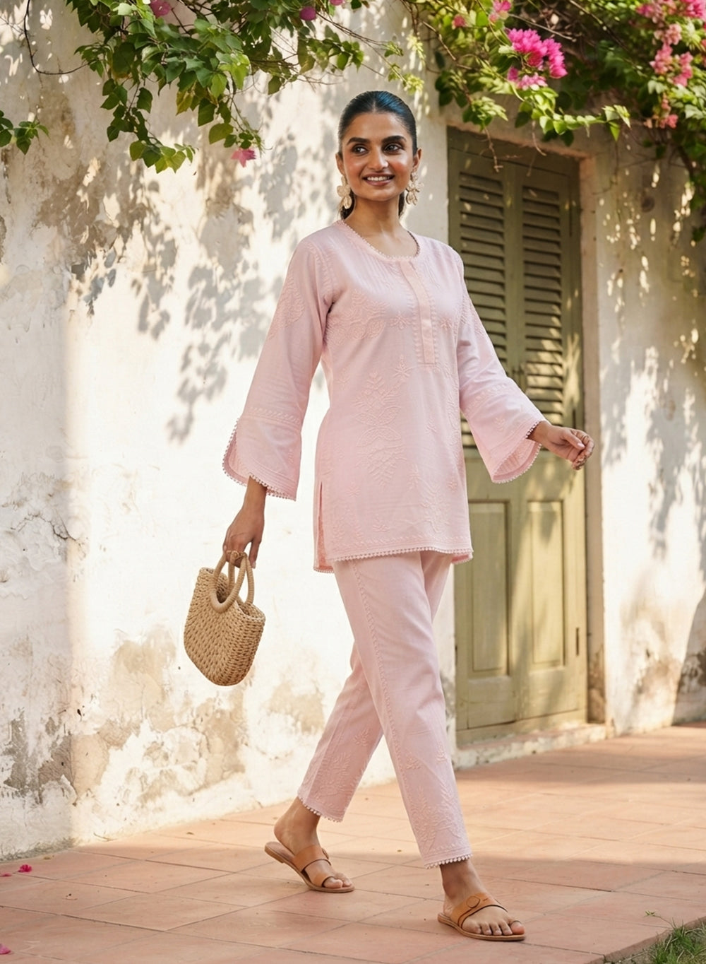 Rida Baby Pink - Muslin Nargis Chikankari Co-ord Set With Lace