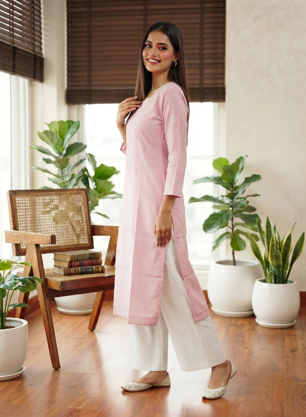 Swara Light Pink - Anjuman Chanderi Cotton Chikankari Kurta