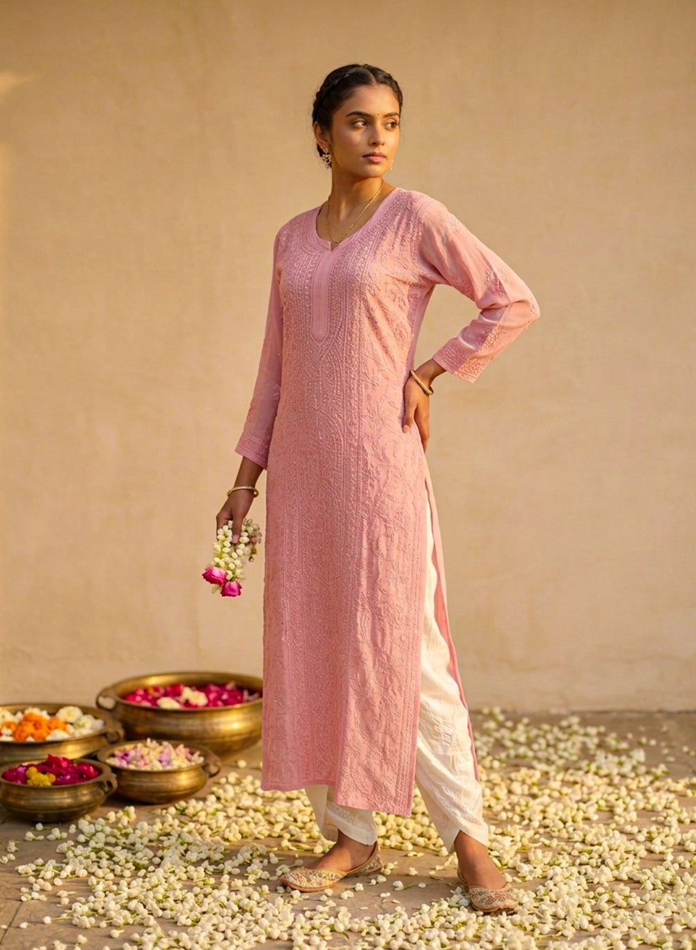 Flamingo Pink - Anjuman Premium Viscose Chikankari Kurta With Katdana & Sequin