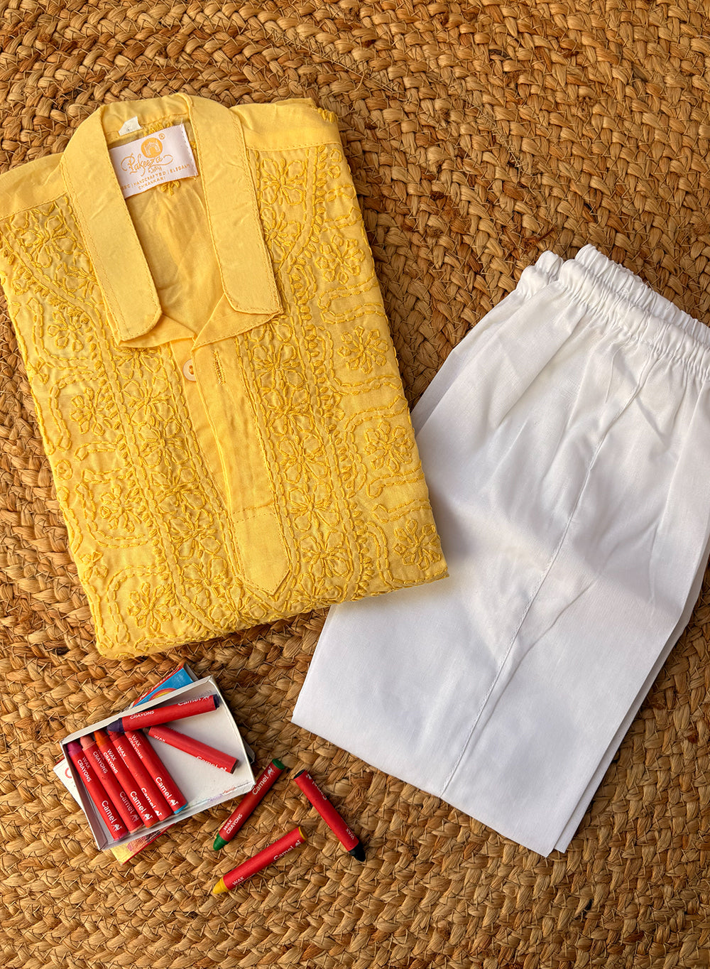Yellow Front Jaal - Cotton Chikankari Kurta With Self Thread Work & Pajama