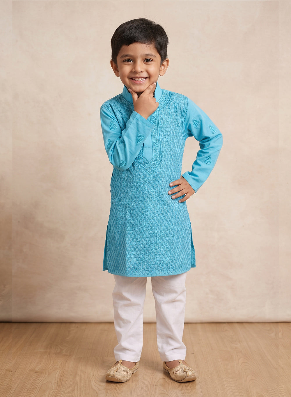 Blue with Green Thread Front Jaal - Cotton Chikankari Kurta With Pajama