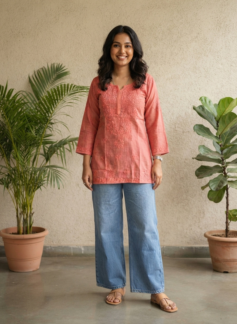 Peach Pink - Gulshan Linen Cotton Double Layered Chikankari Short Top