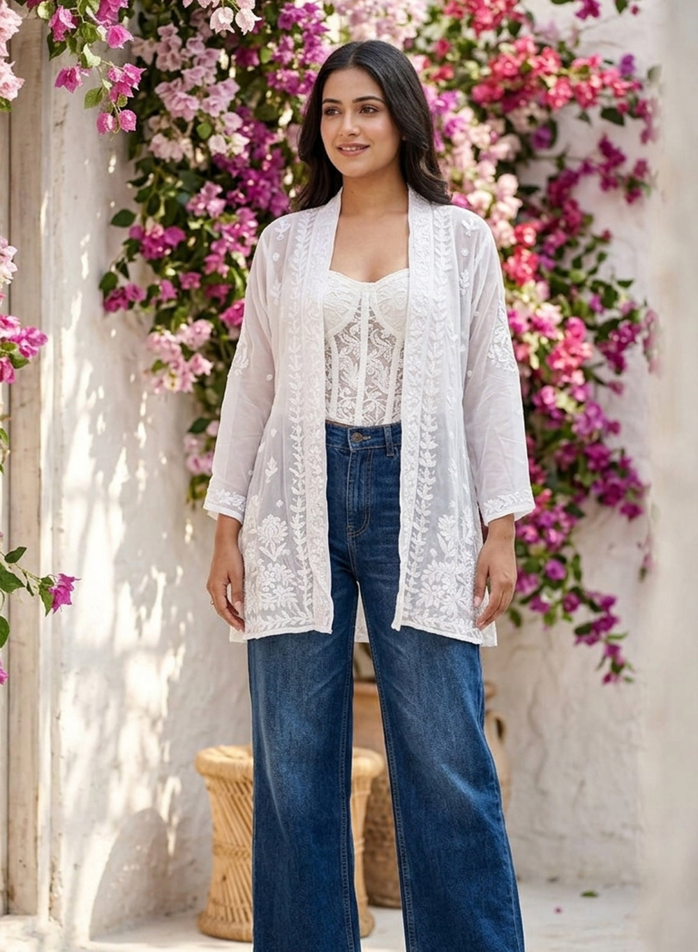 White - Aarzoo Viscose Long Chikankari Shrug