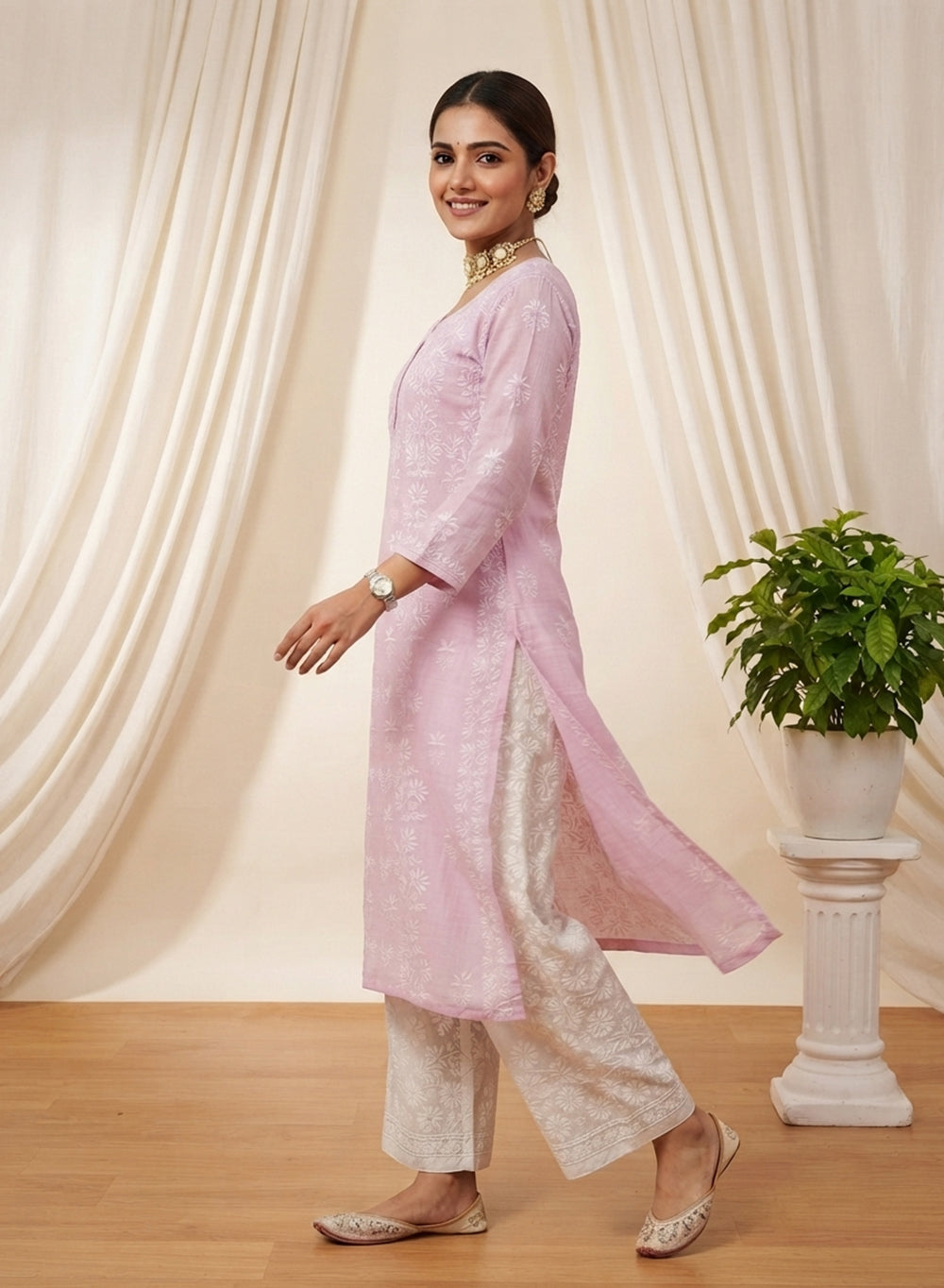 Baby Pink - Mul Chanderi Bahaar Chikankari Kurta With Slip & Jaali Work