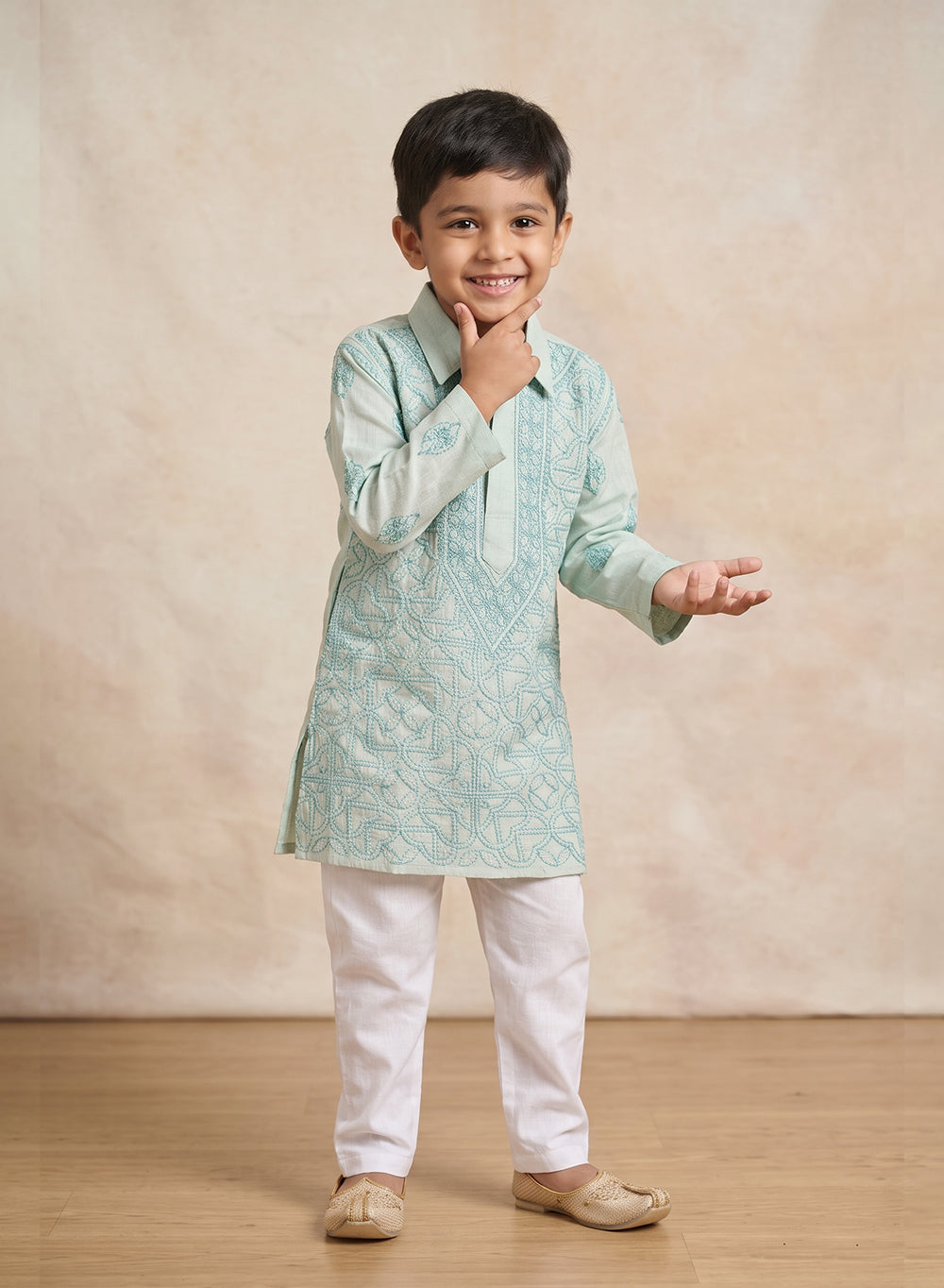 Light Green Dual Thread Front Jaal - Cotton Chikankari Kurta With Pajama
