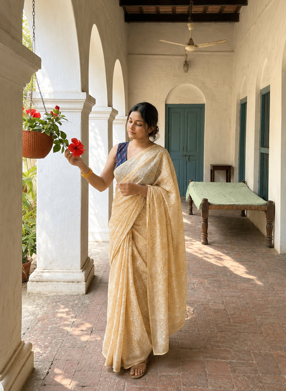 Guncha Beige - Dual Thread Aks Cotton Tepchi Chikankari Saree