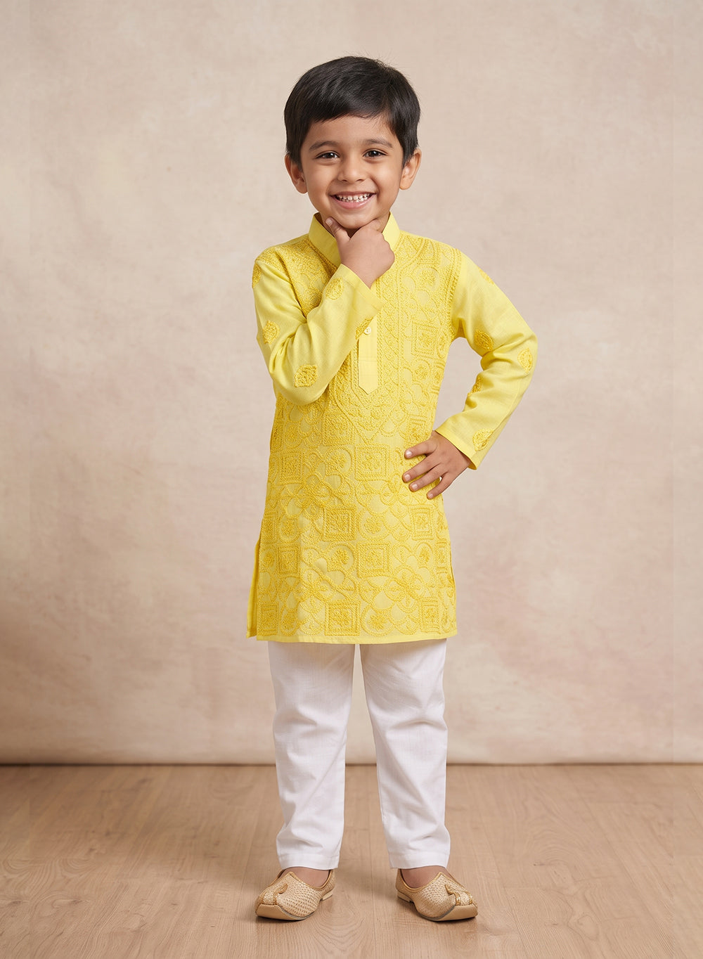 Lime Yellow Dual Thread Front Jaal - Cotton Chikankari Kurta With Pajama