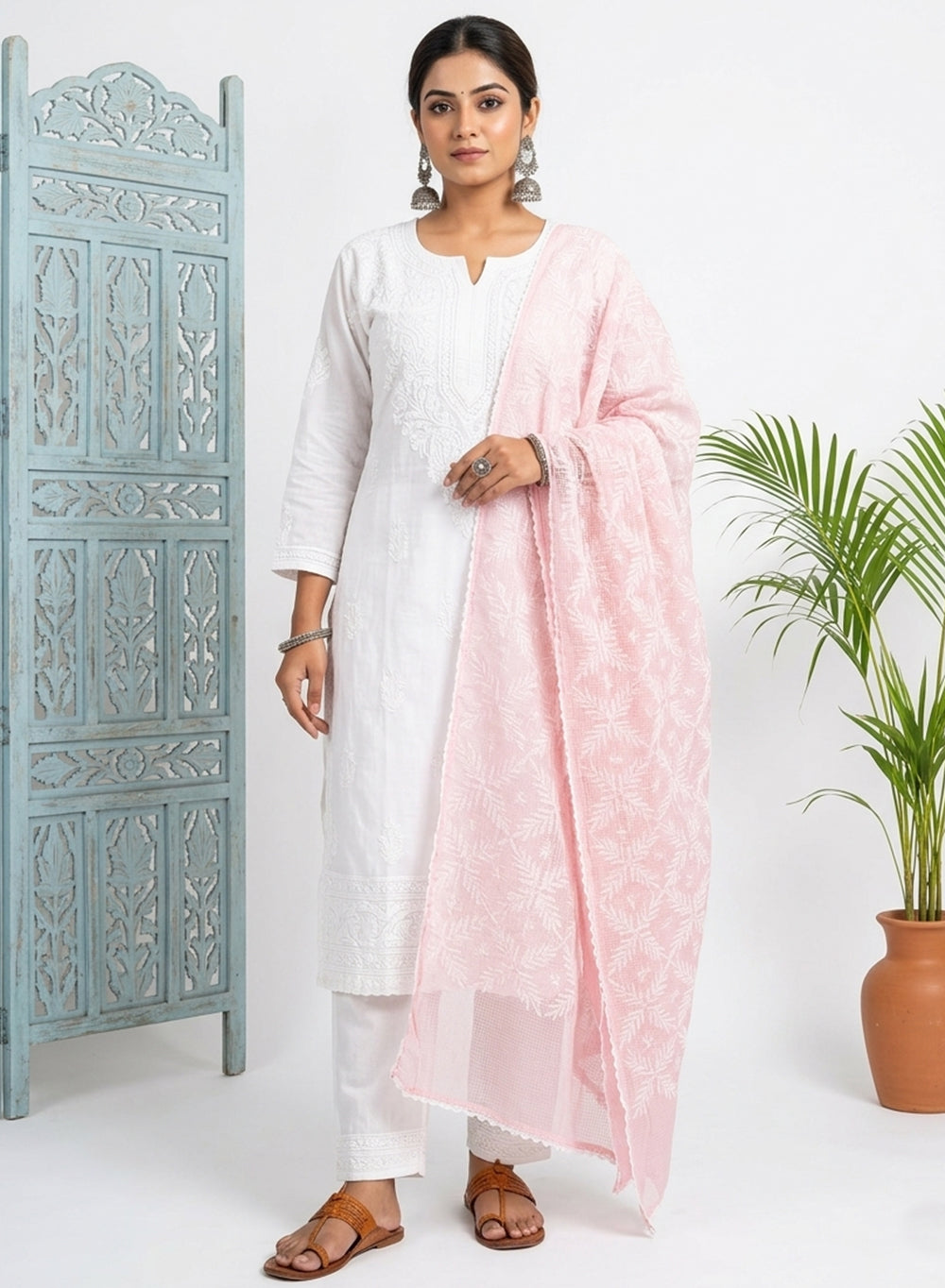 Baby Pink - Nazm Kota Cotton Chikankari Dupatta With White Thread Embroidery