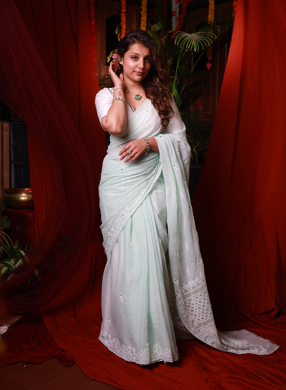 Sitara Pista Green - Aks Kota Mukaish Chikankari Saree With Mukaish Work