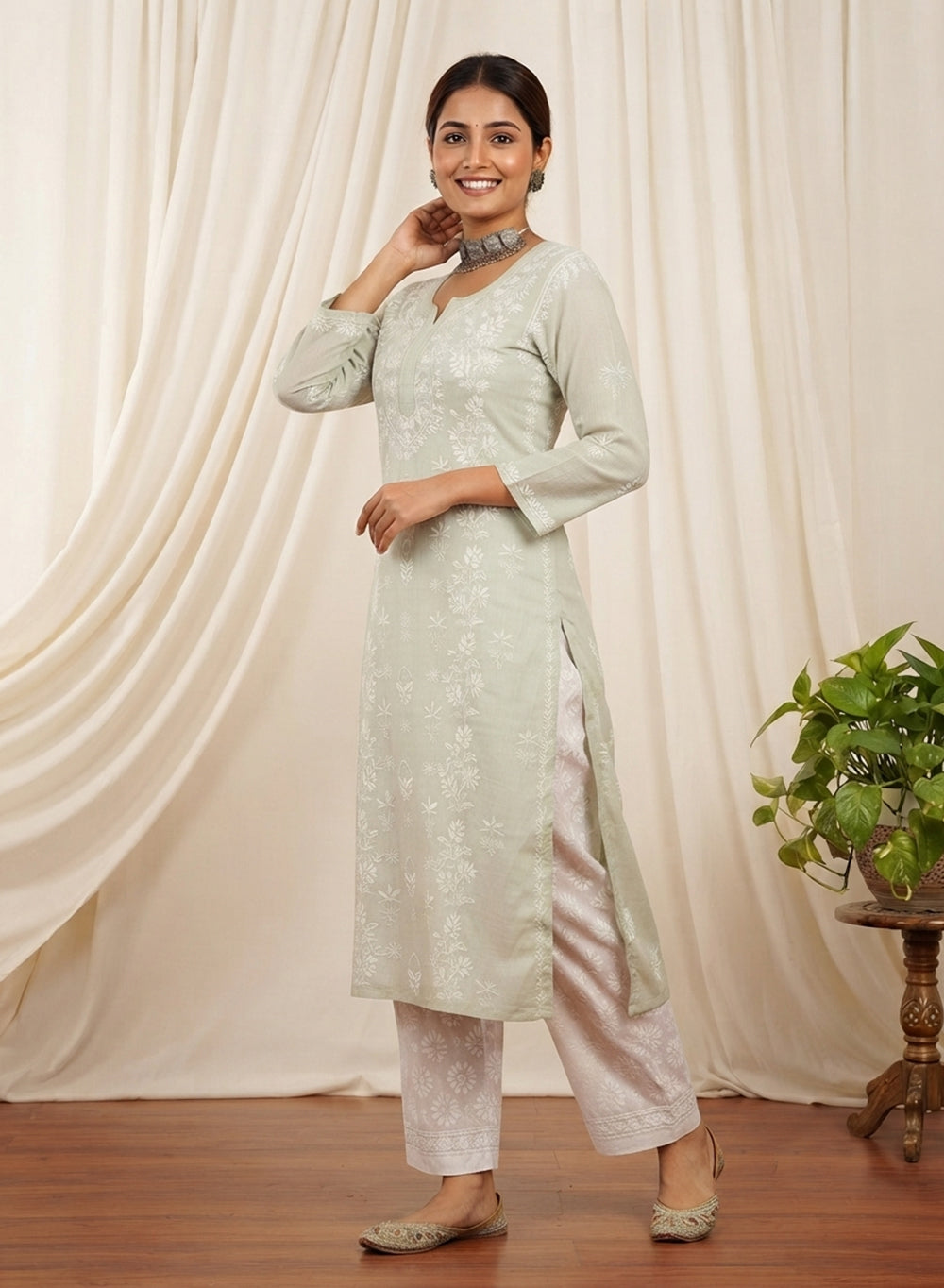Pista Green - Mul Chanderi Bahaar Chikankari Kurta With Slip & Jaali Work