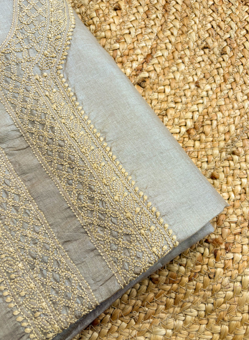 Grey Unisex - Dhoop Kinaray Pure Tussar Silk Chikankari Kurta Fabric