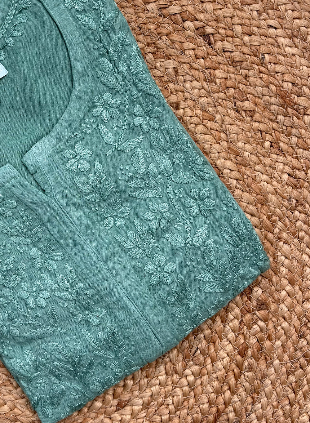 Teal - Gulshan Linen Cotton Double Layered Chikankari Short Top