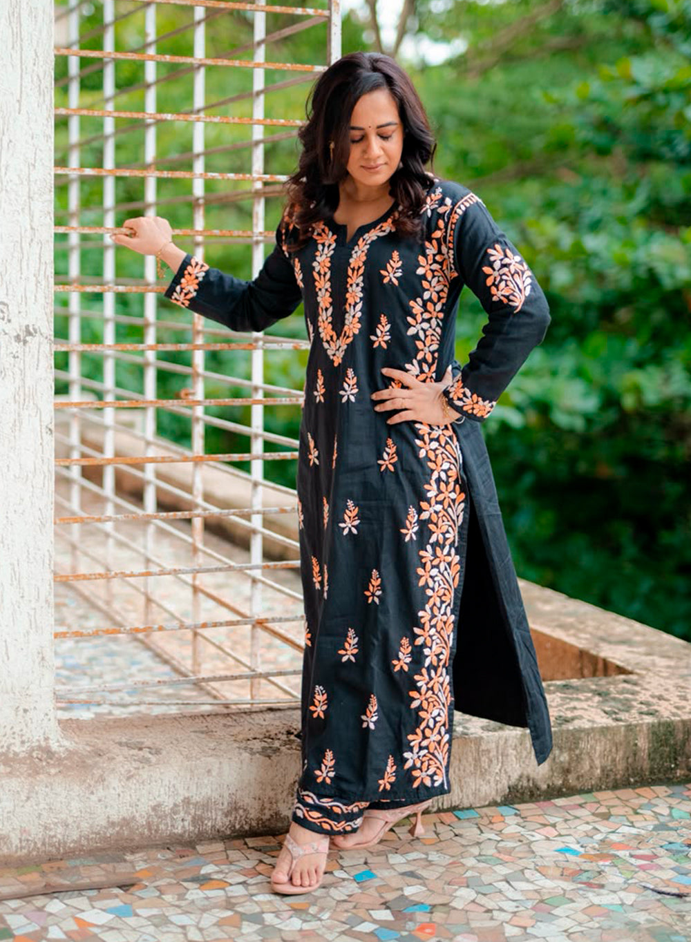 Shaam - Pure Cotton Nargis Chikankari Co-ords Set With Orange Ombre Thread Embroidery