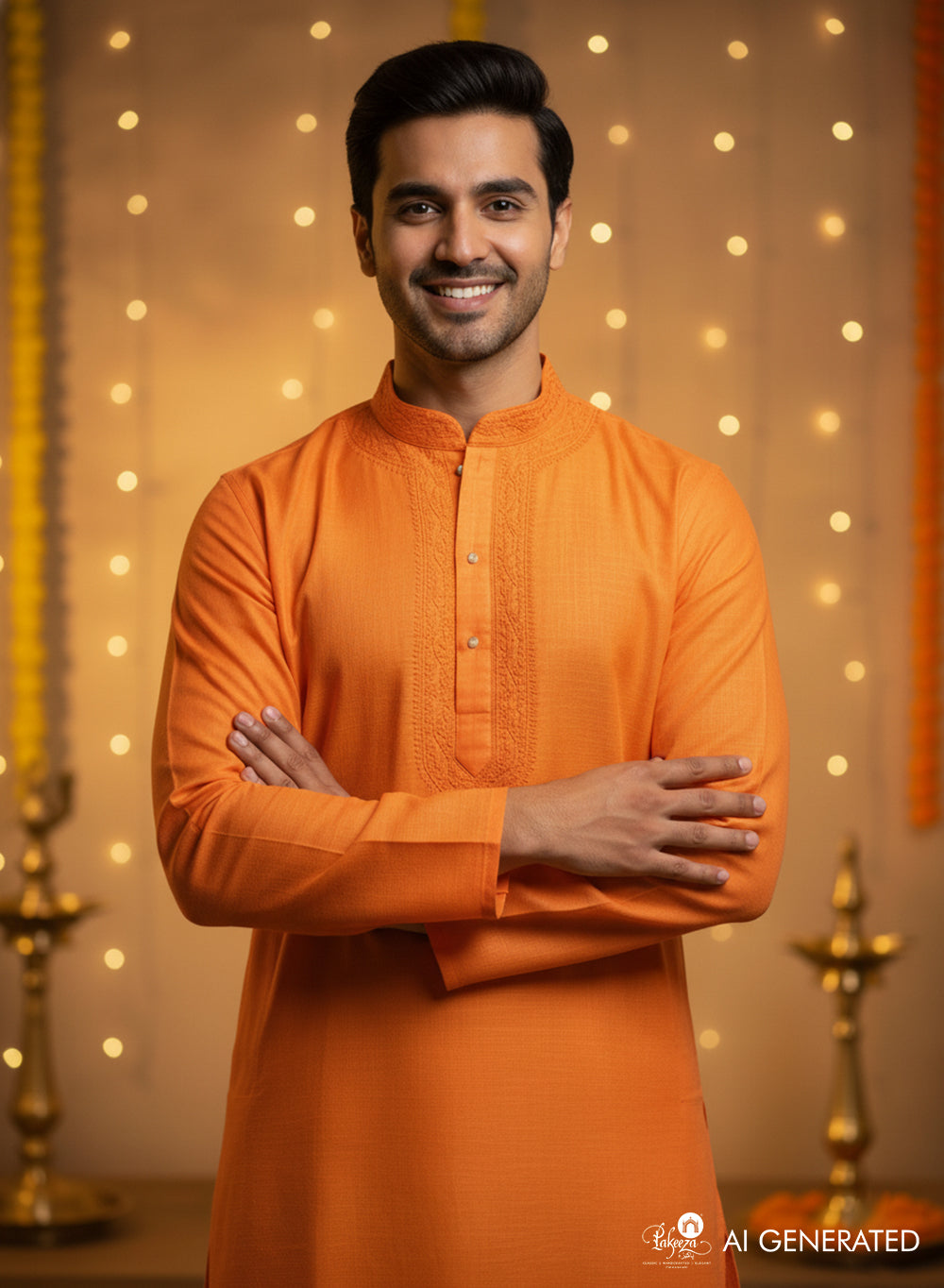 Orange - Nawab Cotton Chikankari Men Long Kurta