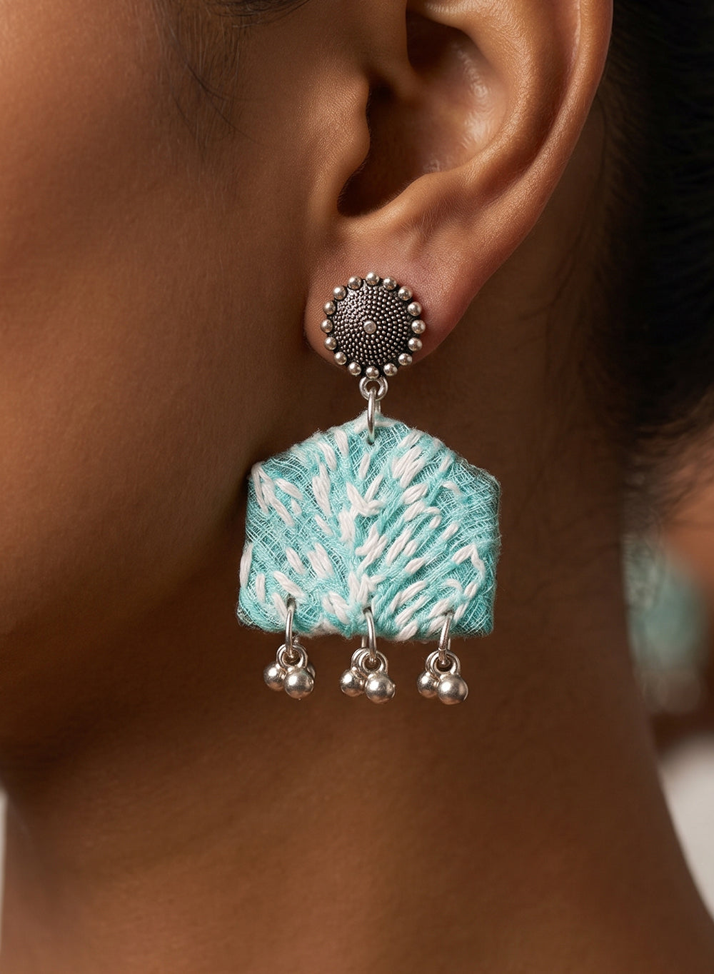 Sea-Green Handcrafted Peaked Fabric Drop Earrings with Oxidized Stud Tops & Ghungroo Clusters