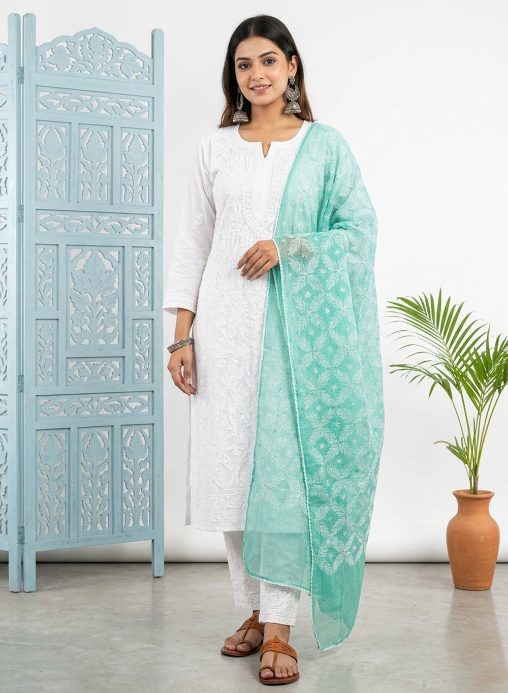 Turquoise - Nazm Kota Cotton Chikankari Dupatta With White Thread Embroidery