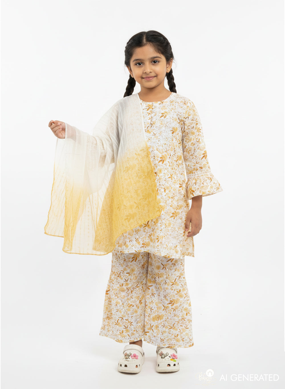 Gulnaar Beige Printed - Cotton Chikankari Kidswear Set