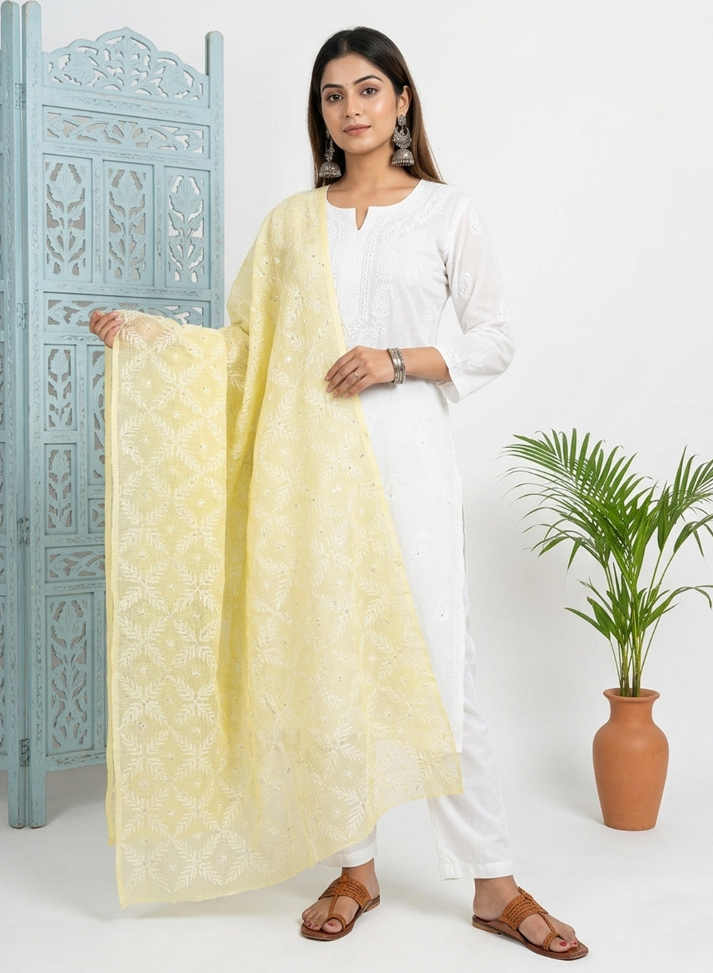 Yellow - Nazm Kota Cotton Chikankari Dupatta With White Thread Embroidery & Sequin Work