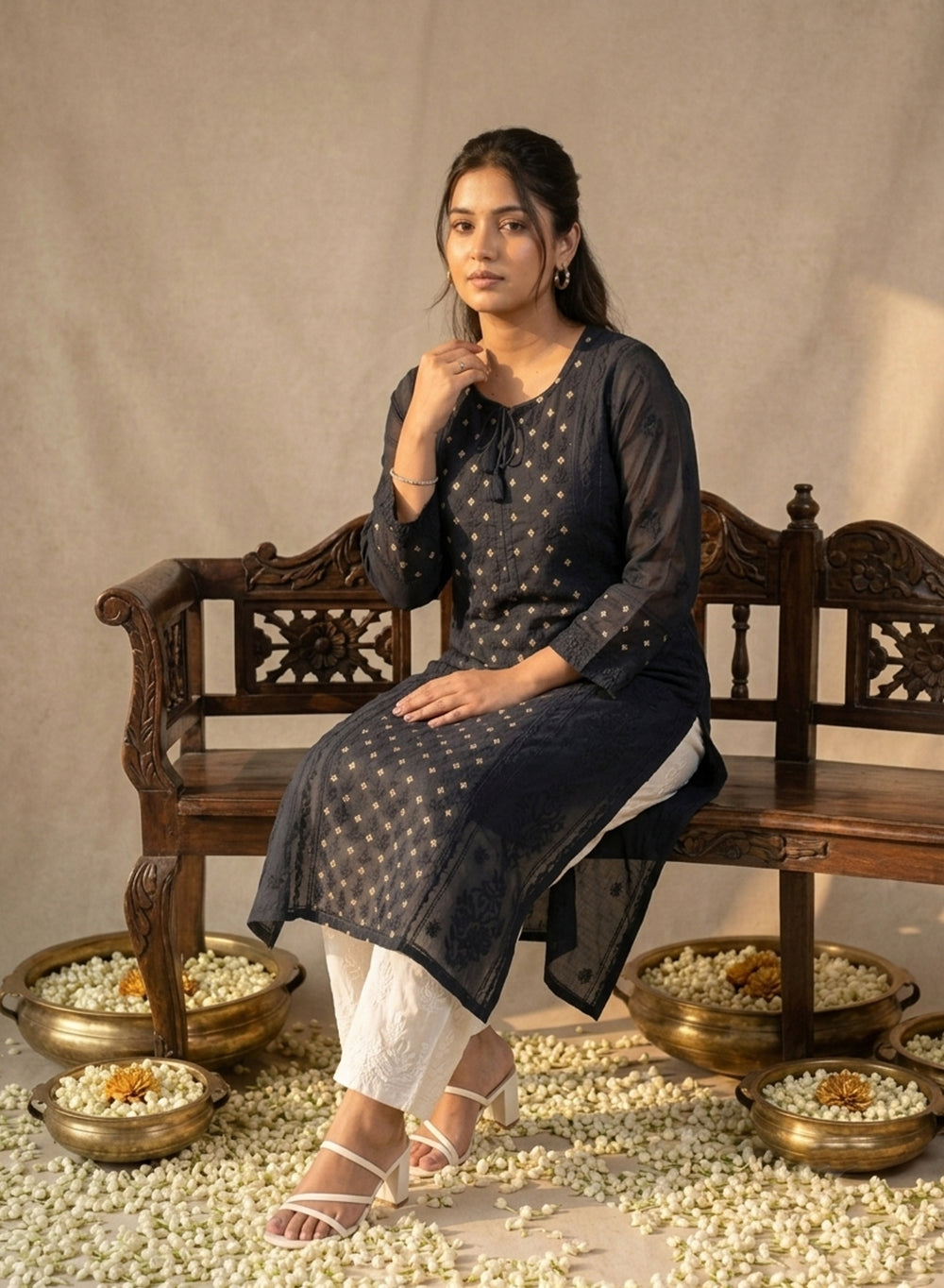 Dark Gray - Anjuman Mul Chanderi Brocade Chikankari Kurta With Slip