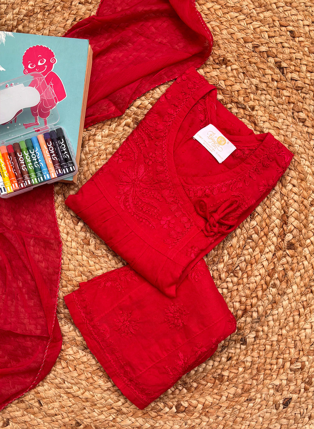 Kuhu Red - Dobby Cotton Chikankari Kidswear Set