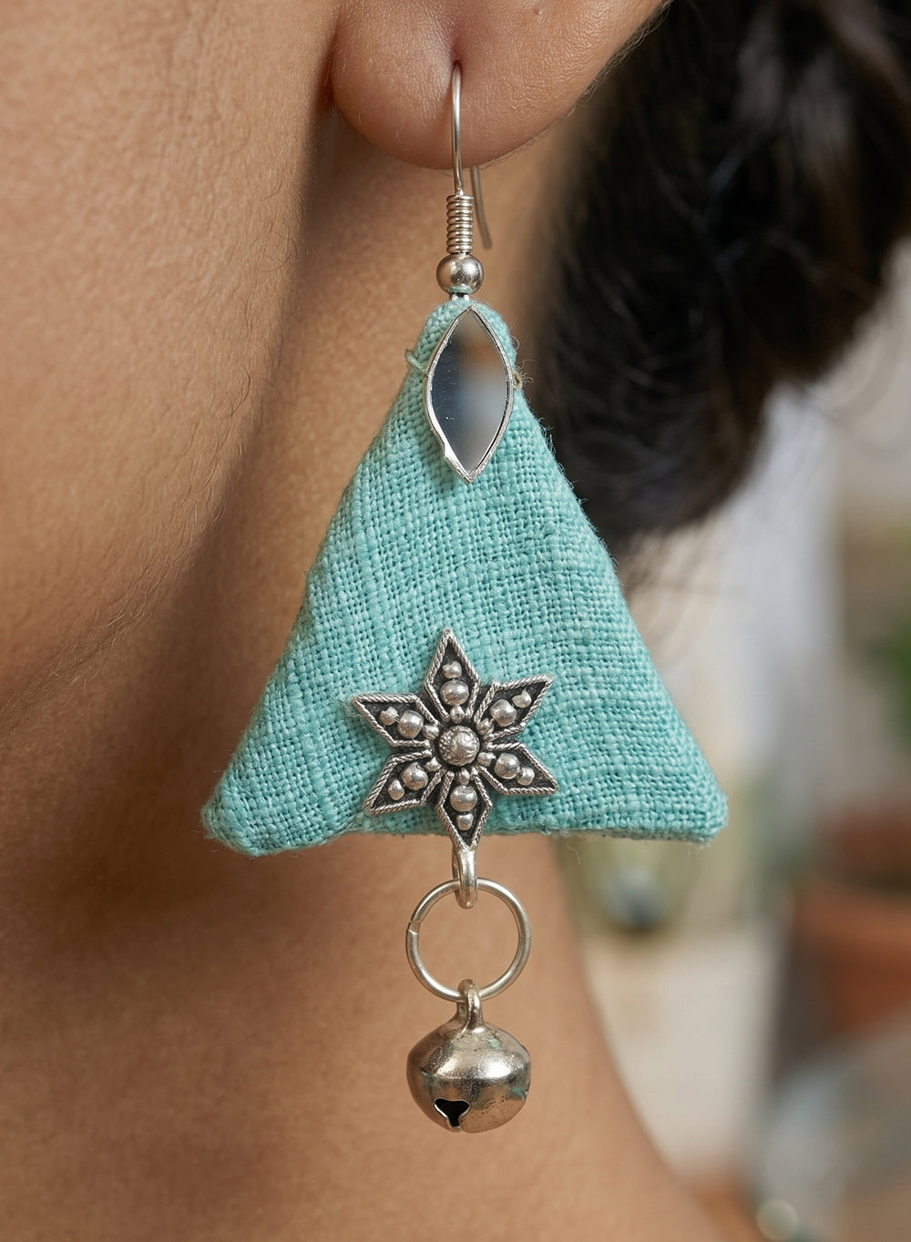 Turquoise Hand Embroidered and Handcrafted Fabric Triangle Earrings with Mirror & Ghungroo Detailing