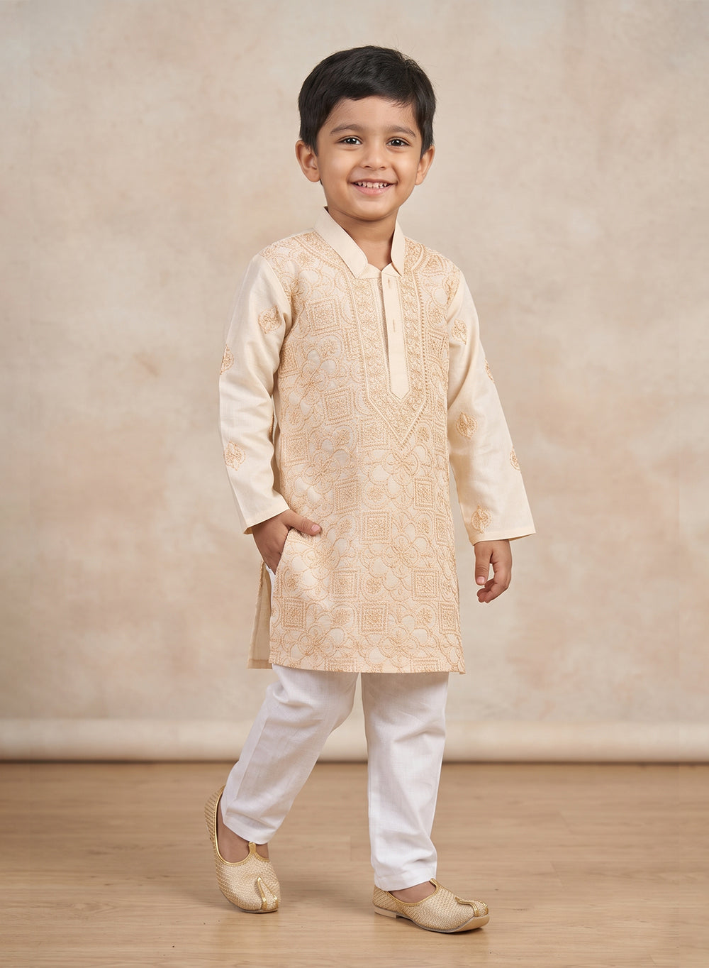 Beige Front Jaal - Cotton Chikankari Kurta With Self Thread Work & Pajama