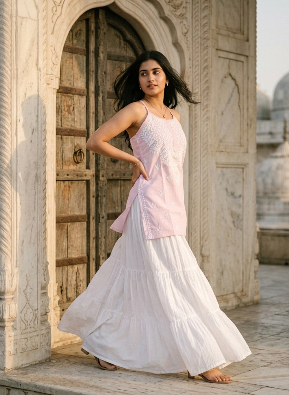 Zoya Pink – Cotton Chikankari Noodle Strap Short Top