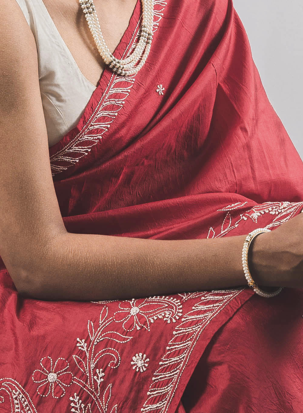 Maroon - Pure Silk Aks Resham Chikankari Saree