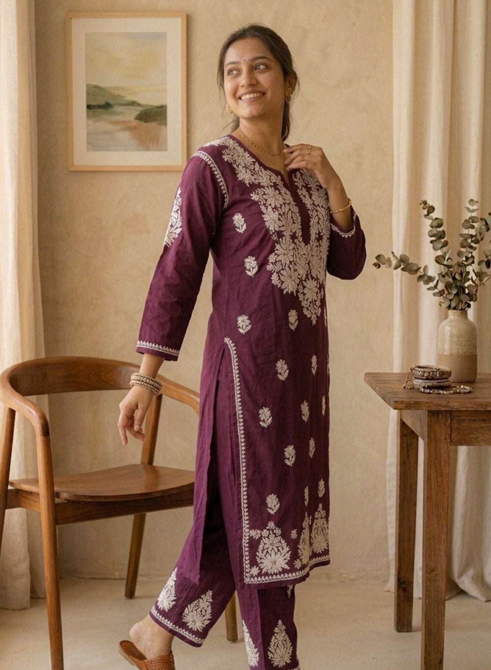Mauve - Modal Nargis Chikankari Co-ords Set With White Thread Embroidery