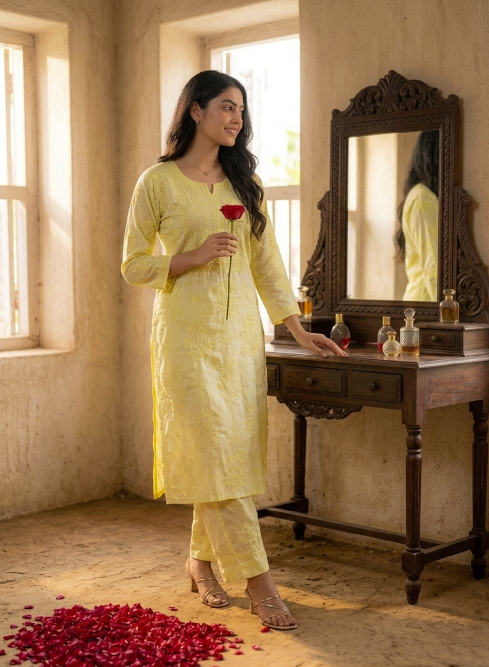 Seher Yellow- Nargis Satin Chikankari Kurta & Palazzo Set