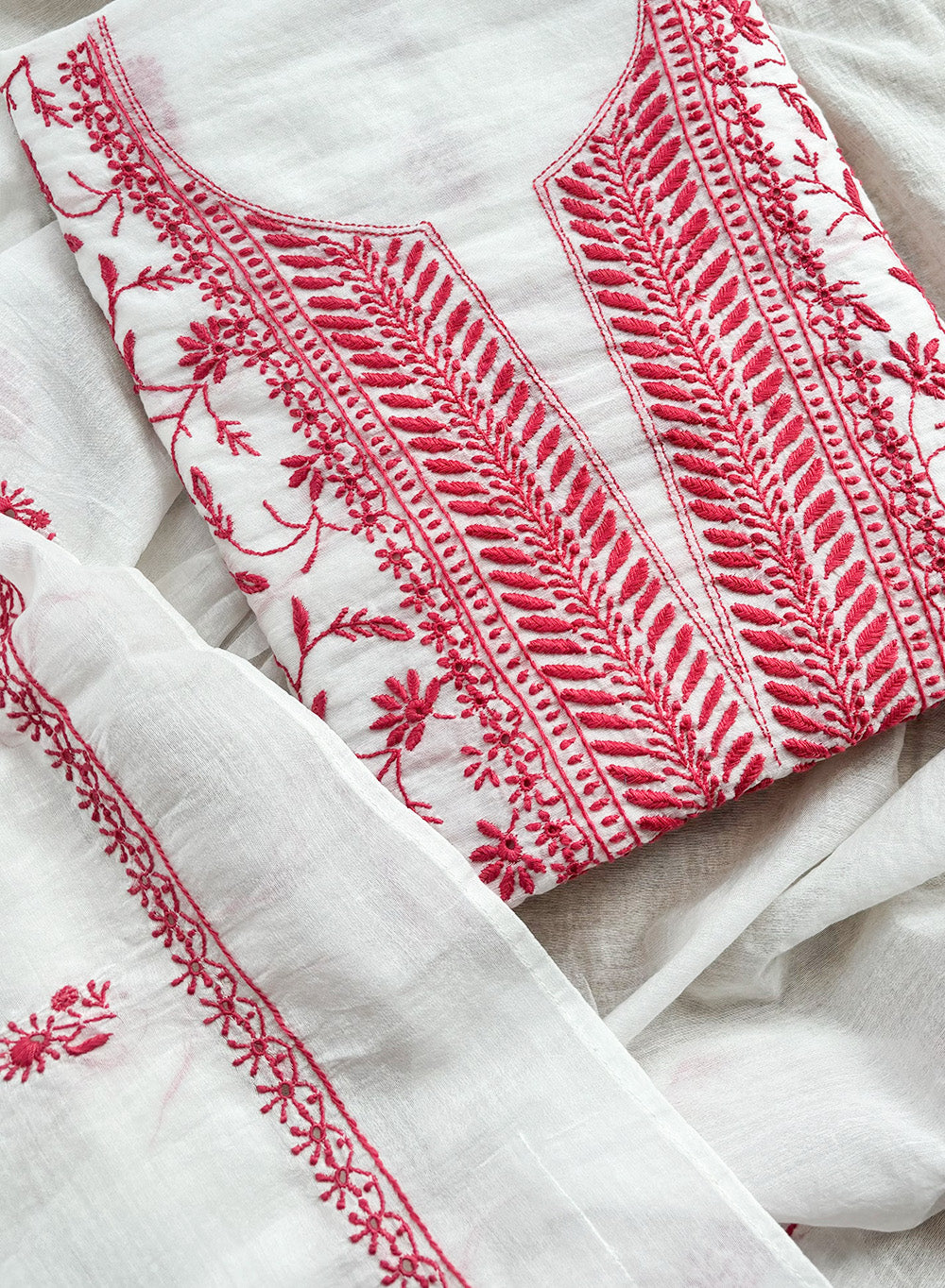 White & Pink - Nayaab Mul Chanderi Chikankari Kurta Fabric