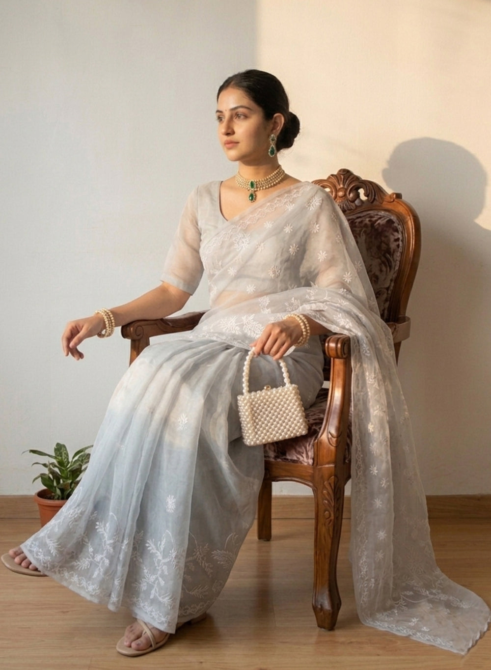 Ruhani Gray Mukaish - Aks Organza Chikankari Saree