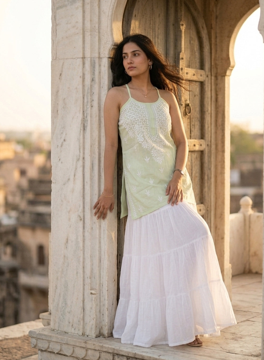 Zoya Pista Green – Cotton Chikankari Noodle Strap Short Top